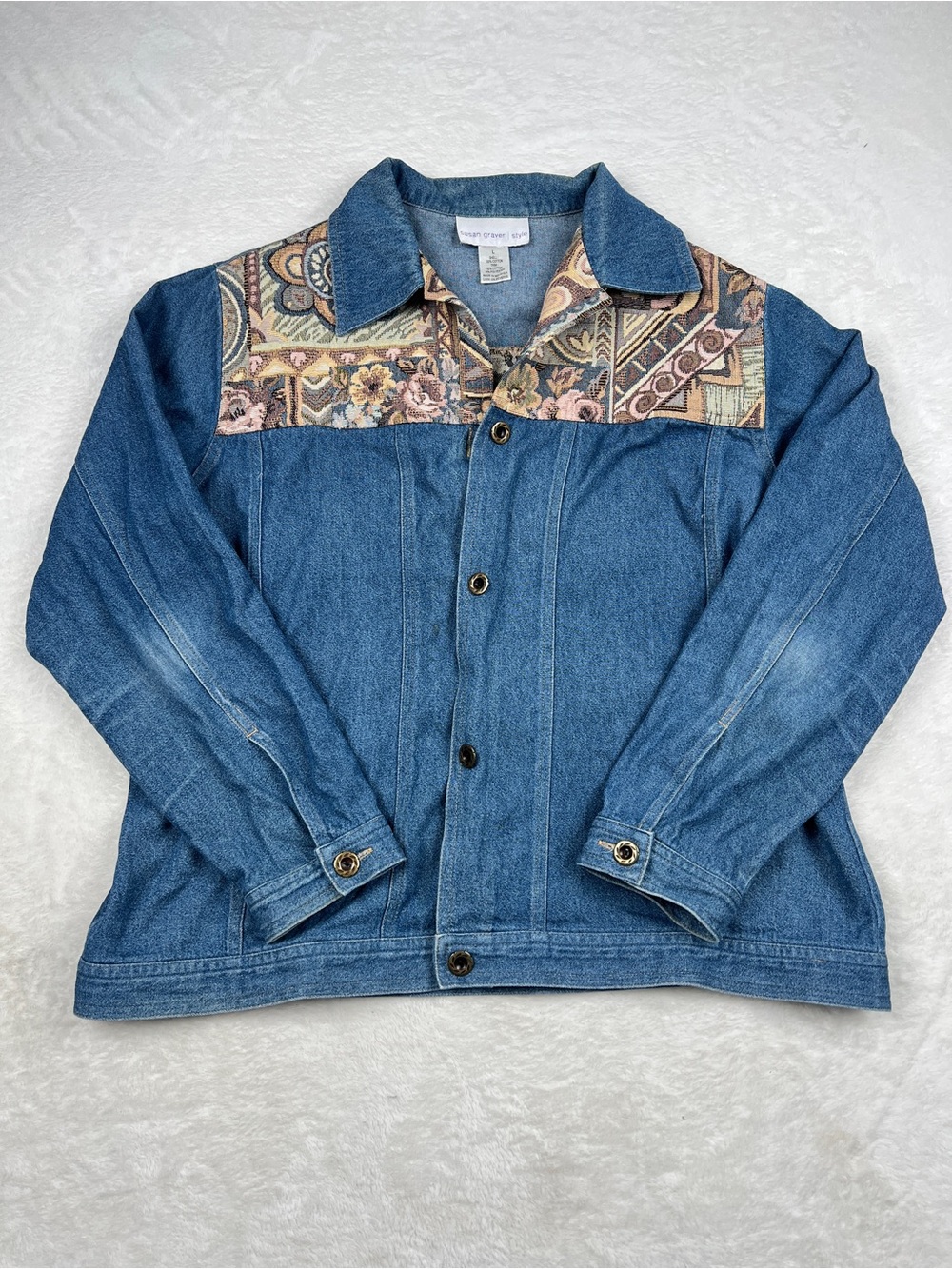 Susan Graver Style Denim Tapestry Shirt Womens L Blue Floral Patchwork